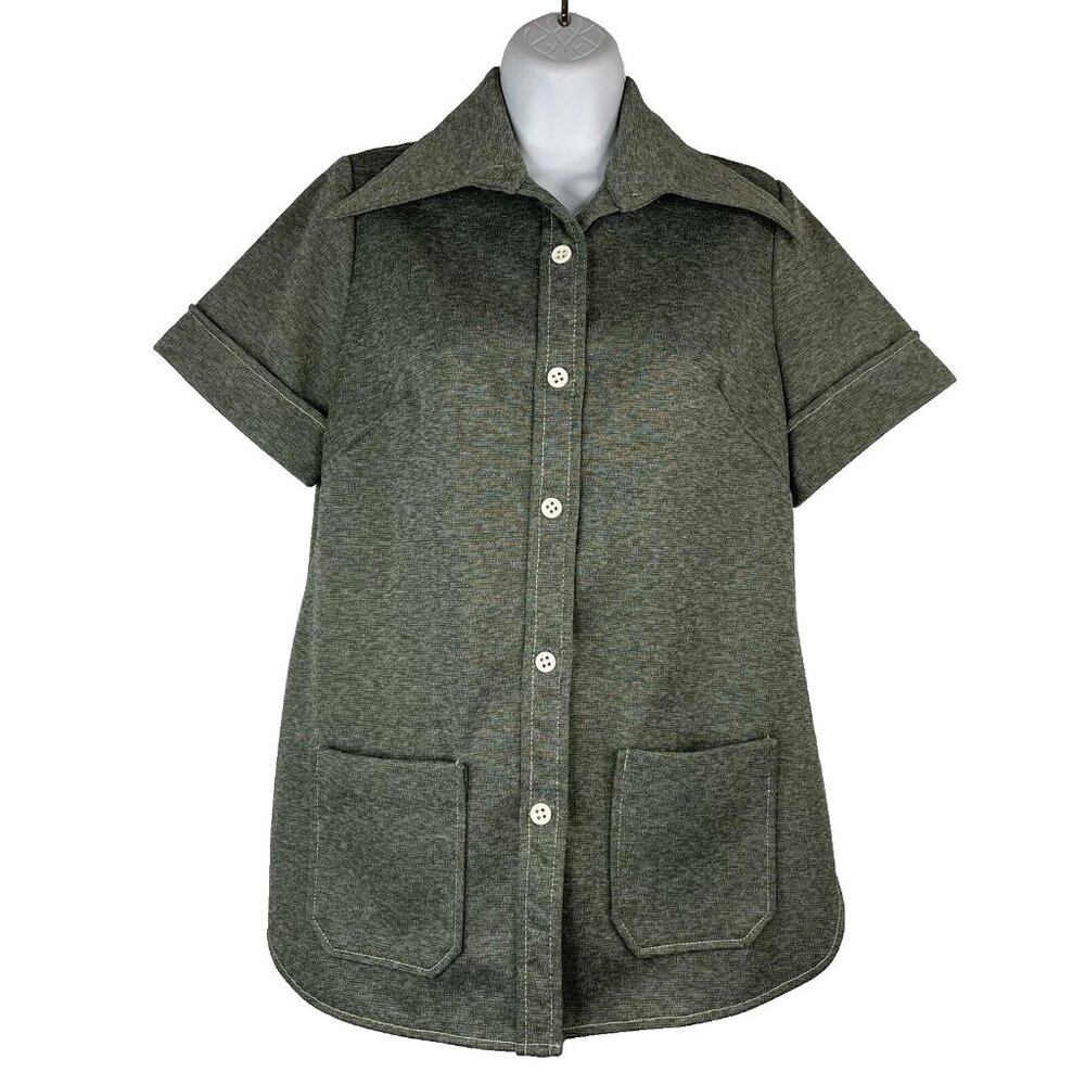 Vintage 70s Young Street Gray Fly Collar Double Knit Polyester Shirt